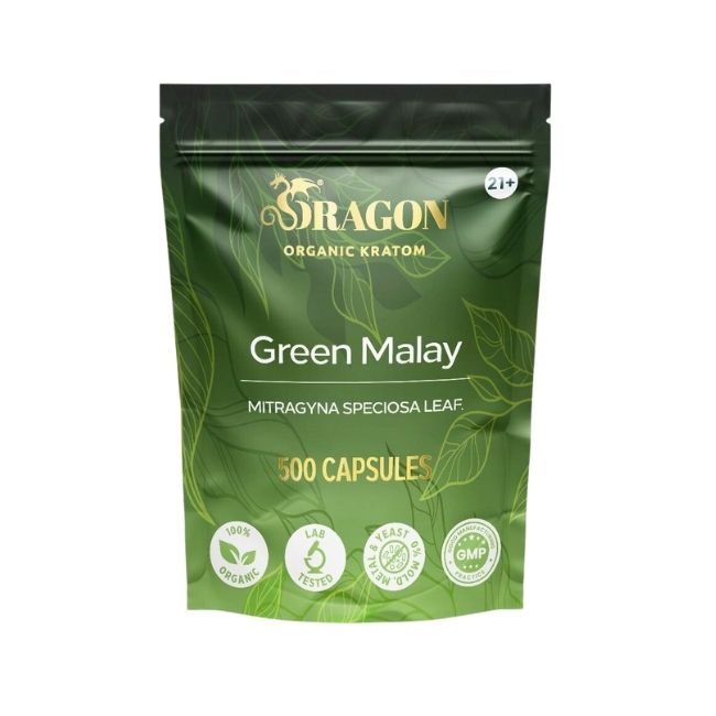 Green Malay Dragon Organic Kratom 500ct Capsules Bag