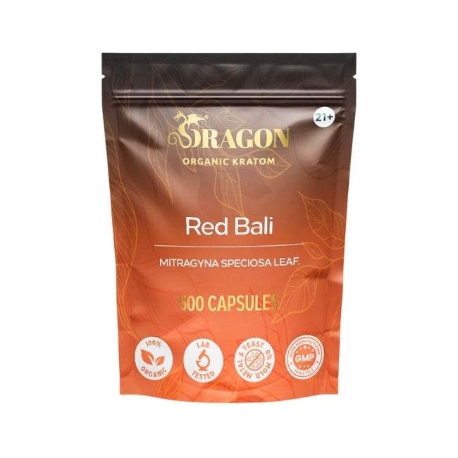 Red Bali Dragon Organic Kratom 500ct Capsules Bag